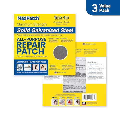 MaxPatch® 4 in. x 4 in. Self-Adhesive Surface Repair Patch, All-Purpose Galvanized Metal for Interior and Exterior Repairs, Ideal for Drywall, Plaster, Wood, Brick, Stucco, and More (3-Pack)