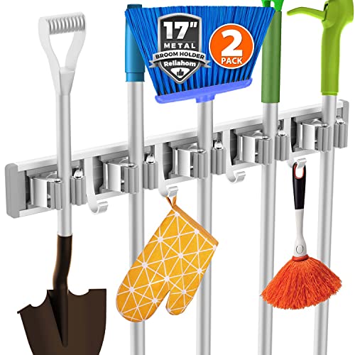 reliahom Broom Holder Wall Mount, 2 Pack 5 Racks with 4 Hooks Silver - Mop Storage Tool Racks, Broom Hanger Tool Organizer for Garage, Kitchen, Garden, Laundry Room - color: Silver, size: 2 Pack 5R4H