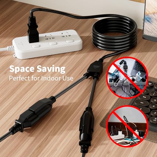 2 Way Power Cord Splitter Cable 15 Ft-3 Prong 1 to 2 Extension Cord-Outlet Saver-Elecan Male to Female Y Splitter Power Extension Cable Strip–UL Certified SJTW 16 Gauge 13 A/125 V–Black - size: 15 FT