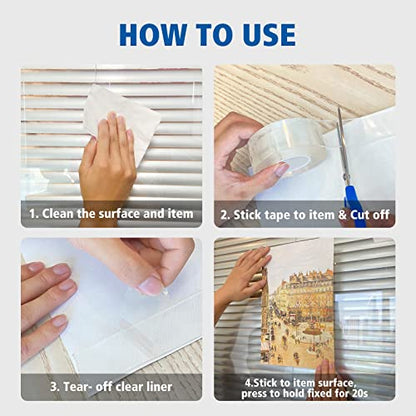 CLAVICHORD Double Sided Tape Heavy Duty - Upgraded Removable Clear Mounting Nano Tape Multipurpose Strong Adhesive Wall Sticky Tape Transparent Carpet Poster Picture Hanging Strip (1’’x16.5FT) - size: 1”