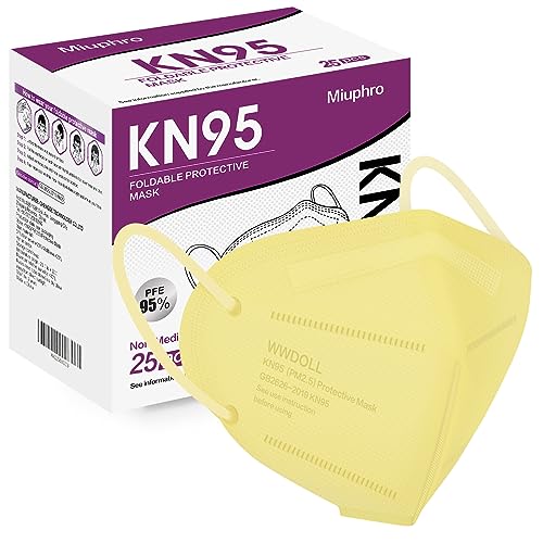 Miuphro KN95 Face Mask, 5-Layer Design Cup Dust Safety KN95 Masks 25 Pack, Yellow - color: Yellow