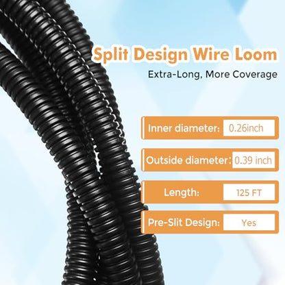Automotive Wire Loom Flame Retardant Split Wire Loom Tubing Assortment Wiring Loom Kit Plastic Cover Electrical Covering Conduit Protective Wire Wrap Cable Sleeves Black 1/4" x 125 Ft - size: 1/4" x 125 Ft