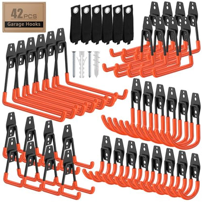42 Pack Garage Hooks with Anti-Slip Coating Heavy Duty Wall Mount Hooks for Garage Storage and Hanging Hoses Bike Garden Tools Ropes etc - color: 42 Pack Orange