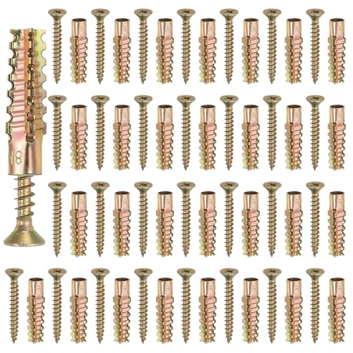 PATIKIL 30 Pcs Drywall Hollow Wall Anchors with Screws 0.2 x 1.57, Steel Dry Wall Anchors Kit for Wooden Concrete Plaster Hinge Hole Repair, Brass (6 x 32mm) - size: 6 x 32mm
