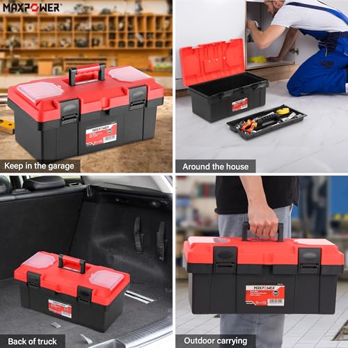 MAXPOWER 17 inch Tool Box, Small Plastic Toolbox with Handle, Removable Tray and Lockable Latches - style: 17" red