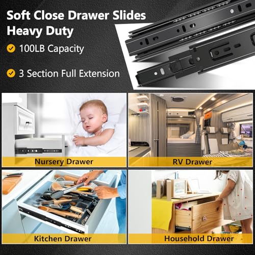 10 inch Ball Bearing Drawer Slides 6 Pairs (12pcs) - 100LB Capacity, Full Extension Side Mount Slides for Kitchen Cabinets, Wardrobes, Office Furniture (Black 10inch) - color: Black, size: 10 Inch