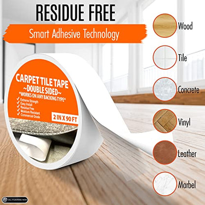 Carpet Tile Tape Double Sided 4in x 90ft (3 Pack) Heavy Duty Reinforced Web Mesh Residue Free - Indoor Outdoor for Carpet Tiles, Hardwood, Vinyl, Rugs, Carpet, Rubber & Mat Gripper - size: 4 IN x 90 FT (3 Pack)