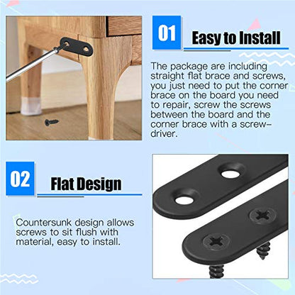 Glarks 20 Sets 60mm Flat Straight Corner Brace Black Metal Joint Plate Connector Repair Fixing Bracket with 45Pcs Screws for Wood Furniture (60x2mm) - size: 60x2mm