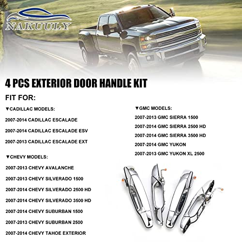 Exterior Chrome Door Handle 4 PCS Front Rear Driver & Passenger Compatible with 2007-2014 Cadillac Escalade Chevy Avalanche Silverado Suburban GMC Sierra Yukon OE # 22738722 22738721 20828258 - color: Chrome