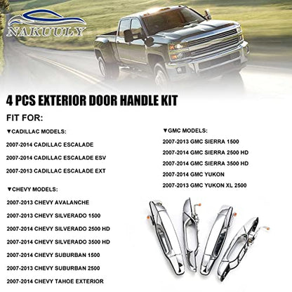 Exterior Chrome Door Handle 4 PCS Front Rear Driver & Passenger Compatible with 2007-2014 Cadillac Escalade Chevy Avalanche Silverado Suburban GMC Sierra Yukon OE # 22738722 22738721 20828258 - color: Chrome