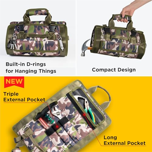 Tool Bag, Heavy Duty Tool Organizer, Portable Tool Pouch for Men with 2 Small Detachable Pouches, Foldable Carrying Tool Storage, Mechanic & Electrician Dad Birthday Gifts, Camo-Green - style: Non-detachable