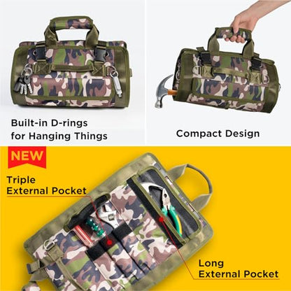 Tool Bag, Heavy Duty Tool Organizer, Portable Tool Pouch for Men with 2 Small Detachable Pouches, Foldable Carrying Tool Storage, Mechanic & Electrician Dad Birthday Gifts, Camo-Green - style: Non-detachable