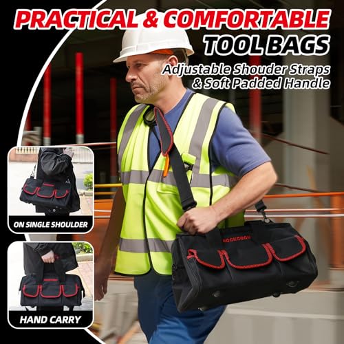 Tool Bag 16'', Multi-pocket Tool Organizer with Shoulder Strap, Heavy Duty Tote with for Tool Storage, Black & Red - color: Red