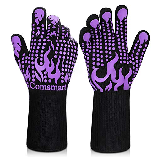Comsmart BBQ Gloves, 1472 Degree F Heat Resistant Grilling Gloves Silicone Non-Slip Oven Gloves Long Kitchen Gloves for Barbecue, Cooking, Baking, Cutting - color: Purple, size: long