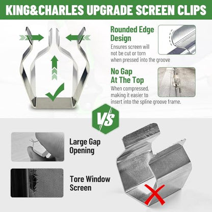 Screen Repair Kit, King&Charles 4 in 1 Screen Roller Tools with Bearing & Removal Hook & Clips(8 pcs) & Spline(32 ft) and User Manual, for Install/Replace Door Window Mesh - size: 4 in 1