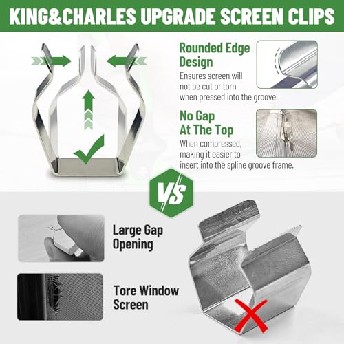 Screen Repair Kit, King&Charles 4 in 1 Screen Roller Tools with Bearing & Removal Hook & Clips(8 pcs) & Spline(32 ft) and User Manual, for Install/Replace Door Window Mesh - size: 4 in 1