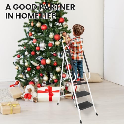 BLACKHORSE-RACING 5 Step Ladder with Handrails & Tool Tray Platform, 330 lbs Folding Step Stool Ladder, Portable Steel Ladder for Kitchen Pantry Home Office Library, White
