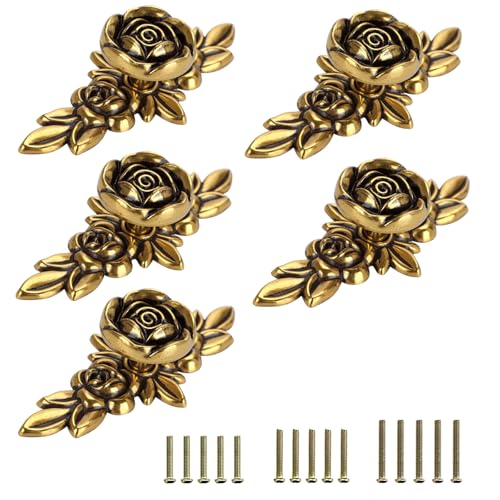 JUXYES Pack of 5 Euro Rose Decorative Cabinet Knobs with Plate, Floral Ivory Drawer Knob Cupboard Door Knobs, Ivory White Drawer Pulls Cabinet Handle Knobs for Dresser Cabinet - color: Golden Bronze, size: Small