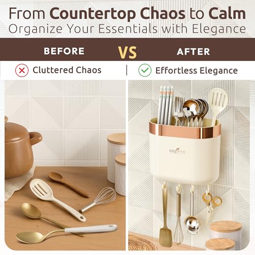 COZYTO LuxTray U1-Pro Wall Mounted Utensil Holder – Kitchen Organizer with Hooks, Dividers & Drain Tray, No-Drill Adhesive Wall Mount Storage, BPA-Free (Cream White & Rose Gold) - color: Cream White & Rose Gold