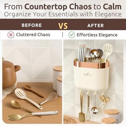 COZYTO LuxTray U1-Pro Wall Mounted Utensil Holder – Kitchen Organizer with Hooks, Dividers & Drain Tray, No-Drill Adhesive Wall Mount Storage, BPA-Free (Cream White & Rose Gold) - color: Cream White & Rose Gold