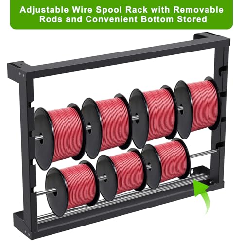 SELEWARE Heavy Duty Wall-Mounted Wire Spool Rack – Cable Reel Holder and Dispenser with 4 Adjustable Stainless Steel Rods for Industrial, Electrical, and Retail Storage and Display (Black) - color: C: Black Wall Mounted Wire Spool Rack (4 Rods)