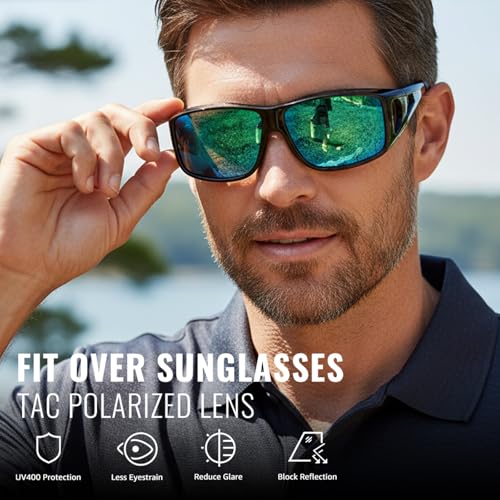 Myiaur Polarized Fit Over Glasses Sunglasses for Men Women, Trendy Wrap Around Sunglasses UV Protection for Driving (2 Pack) - color: A12(2 Pack) Black+bright Black/Green Lens
