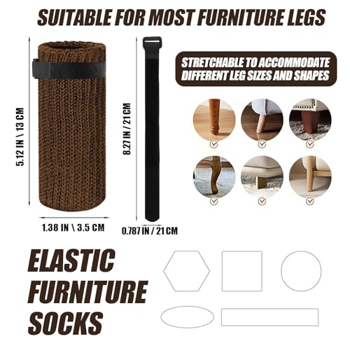 16 PCS Furniture Leg Socks with Hook-and-Loop Fastener - Brown Knit Chair Leg Floor Protectors for Hardwood Floors - High-Elasticity Furniture Socks with Fasteners Stays in Place Well - size: 16 Pcs Brown With Fasteners