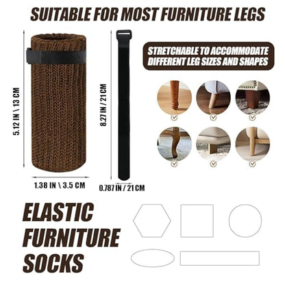 16 PCS Furniture Leg Socks with Hook-and-Loop Fastener - Brown Knit Chair Leg Floor Protectors for Hardwood Floors - High-Elasticity Furniture Socks with Fasteners Stays in Place Well - size: 16 Pcs Brown With Fasteners