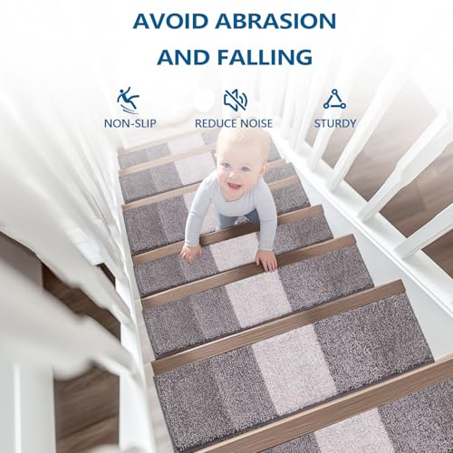 OLANLY Stair Treads Non Slip 15PCS, 8" x 30" Indoor Stair Runners for Wooden Steps, Edging Stair Rugs with Reusable Peel and Stick Adhesive for Kids Elders and Pets, Light Grey - color: Light Grey