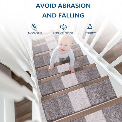 OLANLY Stair Treads Non Slip 15PCS, 8" x 30" Indoor Stair Runners for Wooden Steps, Edging Stair Rugs with Reusable Peel and Stick Adhesive for Kids Elders and Pets, Light Grey - color: Light Grey