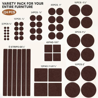 Felt Furniture Pads 224 PCS, 10 Sizes, Felt Pads for Chair Legs, Suitable for Round and Square Chair Legs, to Prevent Scratches, Reduce Noise and Protect the Floor (Brown) - size: 224pcs-brown