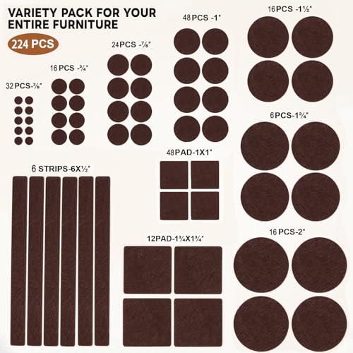 Felt Furniture Pads 224 PCS, 10 Sizes, Felt Pads for Chair Legs, Suitable for Round and Square Chair Legs, to Prevent Scratches, Reduce Noise and Protect the Floor (Brown) - size: 224pcs-brown