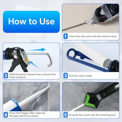 Caulk Gun Kit, Smooth Silicone Caulking Gun and Caulk Remover Tool, Sealant Finishing Tool Grout Scraper for Kitchen Bathroom Window Sink Joint, All in One with Gift Box