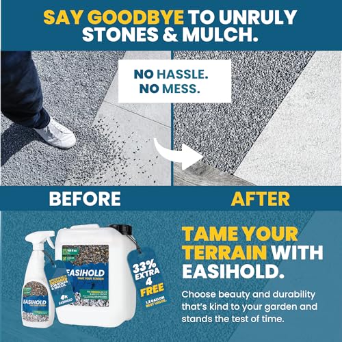 Easihold Rock Glue 1.3 Gallon – Gravel Binder for Pea Gravel & Stones. Long-Lasting Mulch Glue for Landscaping – Non-Toxic, Ready-to-Use Gravel Lockdown for Paths, Patios & Garden Borders - size: 5 Litre