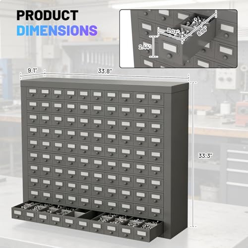 100 Drawers Metal Storage Drawer Cabinet, Gray Cold Rolled Parts Cabinet, Bolt and Nut Tool Storage Box, Hardware Organization Shelves Bolts Bin Organizer Tool, 33.9" W x 9.1" D x 33.3" H