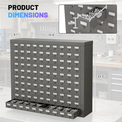 100 Drawers Metal Storage Drawer Cabinet, Gray Cold Rolled Parts Cabinet, Bolt and Nut Tool Storage Box, Hardware Organization Shelves Bolts Bin Organizer Tool, 33.9" W x 9.1" D x 33.3" H