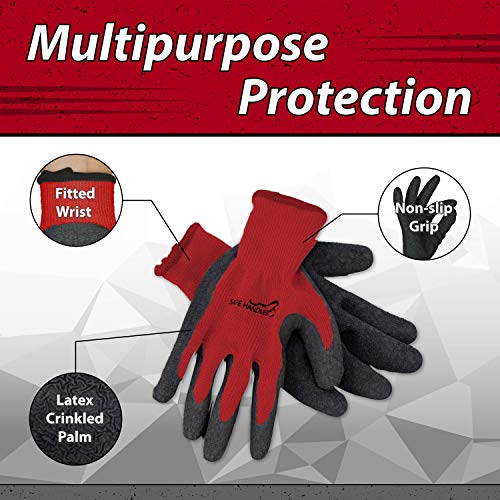 SAFE HANDLER Ultra Stretch Grip Gloves | Latex Crinkle Coated Grip, Thick Lining, Comfort & Flexibility, Red/Black, OSFM, 1 pair (2 gloves) - color: Red/Black