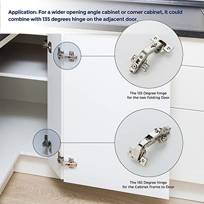 Ravinte 1 Pair 2 Pack Kitchen Cabinet Hinges, 165 Degree Kitchen Door Hinges Compatible with Lazy Susan Corner Cupboard，Full Overlay Face Frame Concealed Corner Cabinet Hardware - size: 165 Degree
