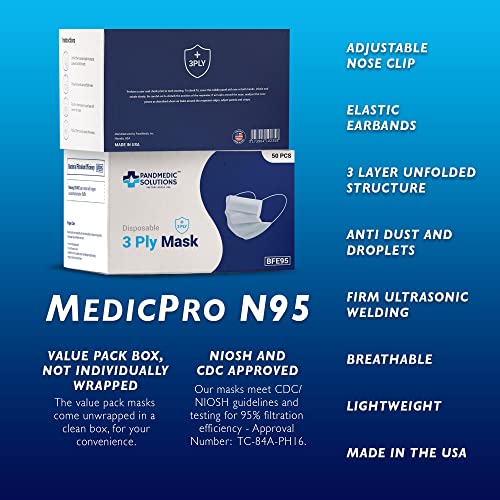 PandMedic Disposable Face Mask Made in USA | Premium Medical American 3 Ply Safety Face Masks Breathable with Elastic Ear Loops - 50ct Box
