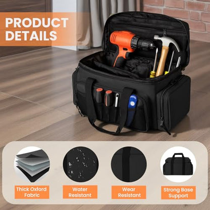 VJI Heavy Duty Tool Bag with Multi-Pockets, Portable Storage Bag with Large Zipper, Carrying Toolbag with Adjustable Shoulder Strap and Ergonomic Handle, Repairman, Carpenters, Handyman, Black - color: Black