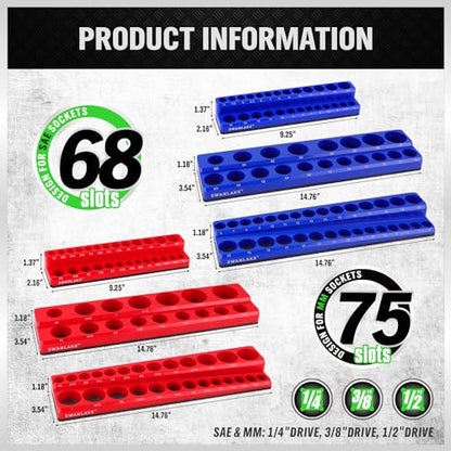SWANLAKE Magnetic Socket Organizer Set, 1/4", 3/8", 1/2" Sockets Holds 286 Pieces Magnetic Socket Trays (Blue&red&black&green, 12 Pcs) - style: 12PCS Multi-Color