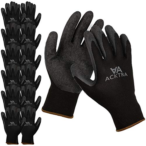 ACKTRA Coated Nylon Safety WORK GLOVES 12 Pairs, Knit Wrist Cuff, Multipurpose, for Men & Women, WG008 Black Polyester, Black Latex, Medium - color: Black / Black, size: Medium (Pack of 12)
