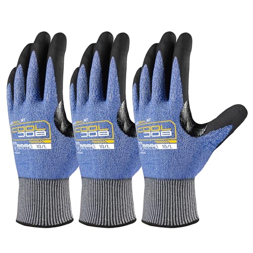 COOLJOB A9 Cut Resistant Safety Work Gloves with Grip, Touchscreen Nitrile Coated Heavy-duty for Glass Metal Sheet Handling - color: A9 Blue (Pack of 3), size: Large