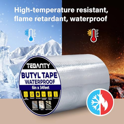 Butyl Tape Waterproof Sealing Tape 6Inch x 34Feet, Aluminum Foil Tape, Butyl Sealant Tape for Pipe Sealing, RV Repair, Window, EDPM Roof Leak Patching, Boat and Pipe Sealing - size: 6 inch x 34 feet