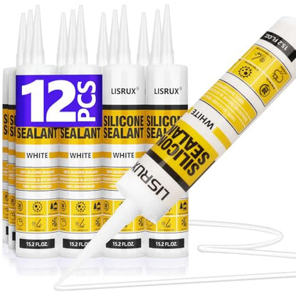 LISRUX Advanced Silicone Caulk for Window & Door, White, 15.2 fl oz Cartridge, 12 Pack - 100% Waterproof Silicone Sealant Indoor Outdoor Caulking, UV Resistant, Stronger Adhesion, Shrink & Crack Proof - size: 12P