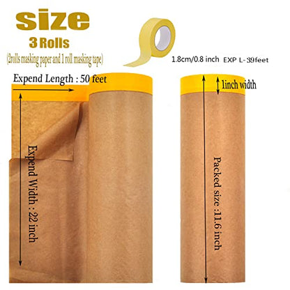 Pre-Taped Paint Masking Paper and Masking Tape Sets,2 Rolls 22inch-50feet Painters Paper and 1 Roll Painters Tape, Automotive Paint Paper, Tape and Drape Waterproof for Painting Protection Covering