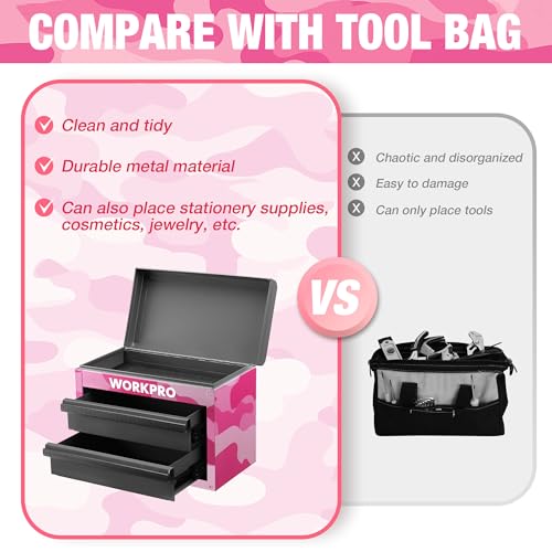 WORKPRO Metal Mini Tool Box, Top Tool Chest containing Two Drawers with Ball Bearing Slides, PVC Drawer Liners and PP Feet Pads, Cold Rolled Steel Small Toolbox for Multi-Purpose Storage - Pink Ribbon - color: Pink Camo