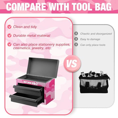 WORKPRO Metal Mini Tool Box, Top Tool Chest containing Two Drawers with Ball Bearing Slides, PVC Drawer Liners and PP Feet Pads, Cold Rolled Steel Small Toolbox for Multi-Purpose Storage - Pink Ribbon - color: Pink Camo