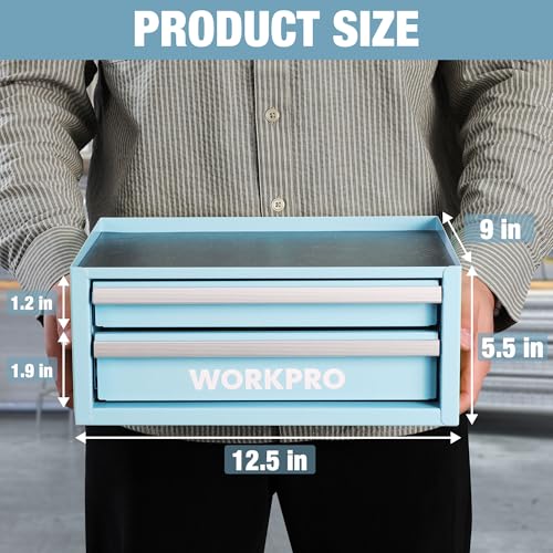 WORKPRO 12.5" Mini Tool Box with 2 Drawers & 1 Open Top Storage, Small Metal Tool Chest with PVC Liners & PP Feet Pads, Cold Rolled Steel Toolbox with Drawer Liners & Magnetic Tabs - color: Macaron Blue