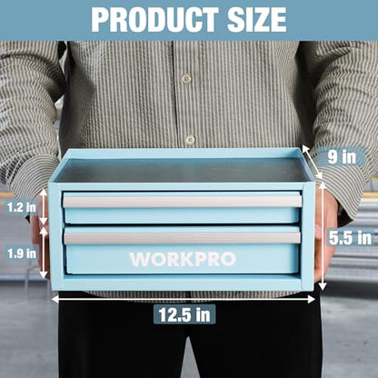 WORKPRO 12.5" Mini Tool Box with 2 Drawers & 1 Open Top Storage, Small Metal Tool Chest with PVC Liners & PP Feet Pads, Cold Rolled Steel Toolbox with Drawer Liners & Magnetic Tabs - color: Macaron Blue